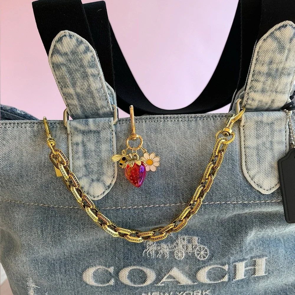 Strawberry Bee Flower Bag Charm Gold Cute Kawaii Cottagecore Purse